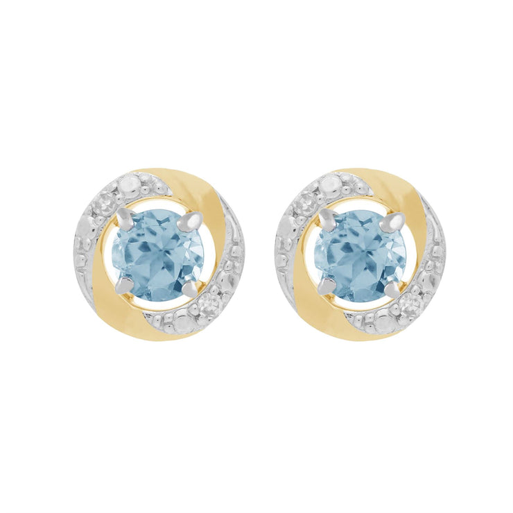 Boucles d'Oreilles Clou Topaze Bleue Classique Or Blanc 375 et Ear-Jacket Halo Diamant Or Jaune 375