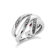 Bague Serpent Style Art Nouveau en Argent Sterling avec Rubis & Marcassite