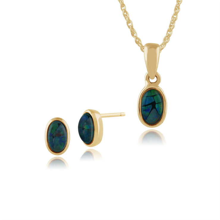 Pendentif et Boucles d'Oreilles Clou Classique Or Jaune 375 Opale Triplet Serti Clos