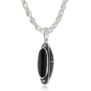 Pendentif et Boucles d'Oreilles Pendantes Style Art Déco Argent 925 Onyx Noire Cabochon et Marcassite