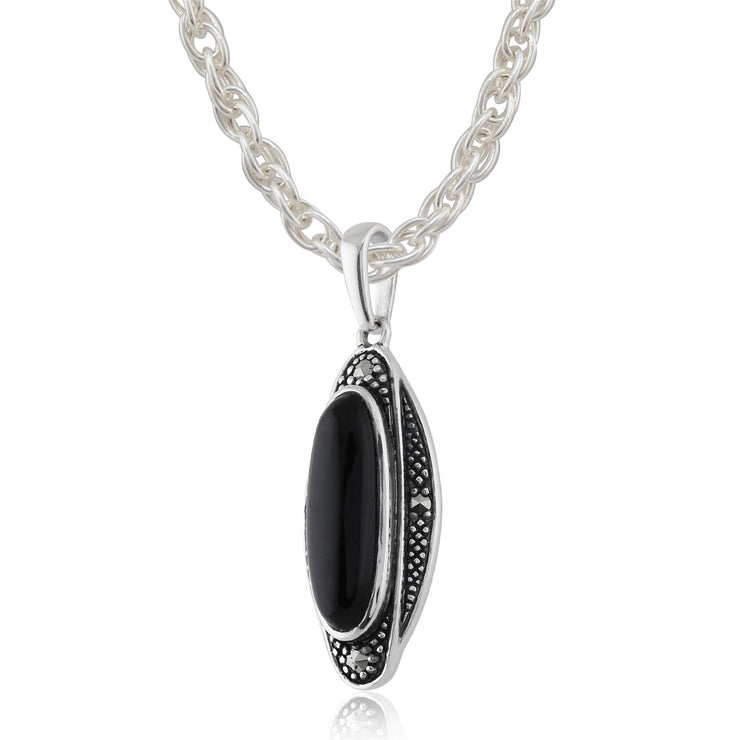 Pendentif et Boucles d'Oreilles Pendantes Style Art Déco Argent 925 Onyx Noire Cabochon et Marcassite