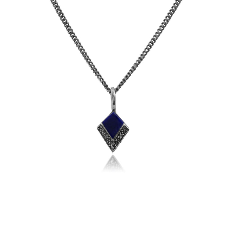 Collier Style Art Déco Argent 925 Lapis Lazuli Cabochon et Marcassite