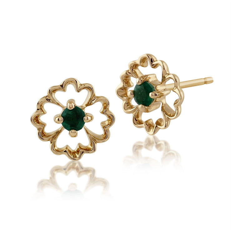 Boucles d'Oreilles Clou Floral Or Jaune 375 Emeraude Rond