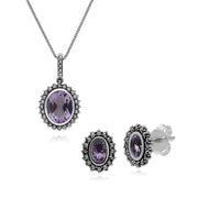 Pendentif et Boucles d'Oreilles Style Art Déco Argent 925 Améthyste Ovale et Marcassite Halo