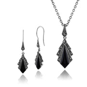 Collier et Boucles d'Oreilles Eventail Pendantes Style Art Déco Argent 925 Onyx Noire et Marcassite