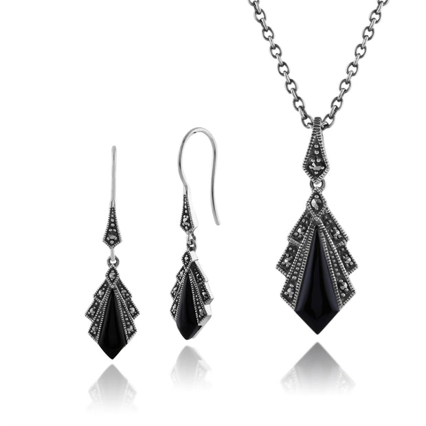 Collier et Boucles d'Oreilles Eventail Pendantes Style Art Déco Argent 925 Onyx Noire et Marcassite