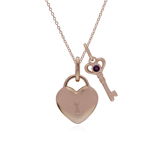 Pendentif Classique Cadenas Cœur Argent 925 Plaqué Or Rose et Charms Clé Améthyste