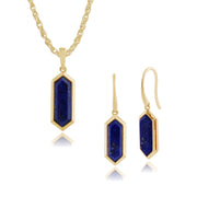 Pendentif et Boucles d'Oreilles Pendantes Géométique Argent 925 Plaqué Or Jaune Lapis Lazuli Prisme