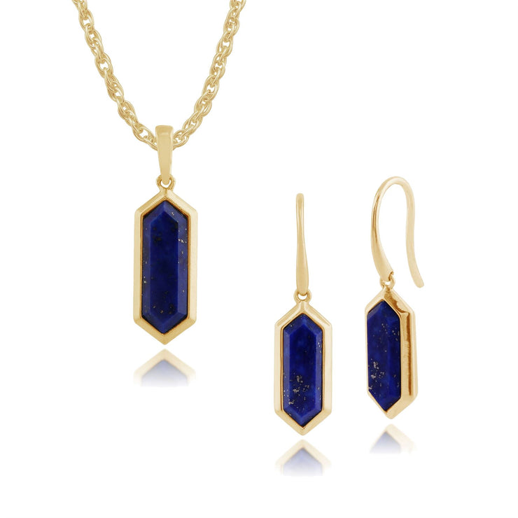 Pendentif et Boucles d'Oreilles Pendantes Géométique Argent 925 Plaqué Or Jaune Lapis Lazuli Prisme