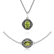 Pendentif et Bracelet Style Art Déco Argent 925 Péridot et Marcassite Cluster Oval