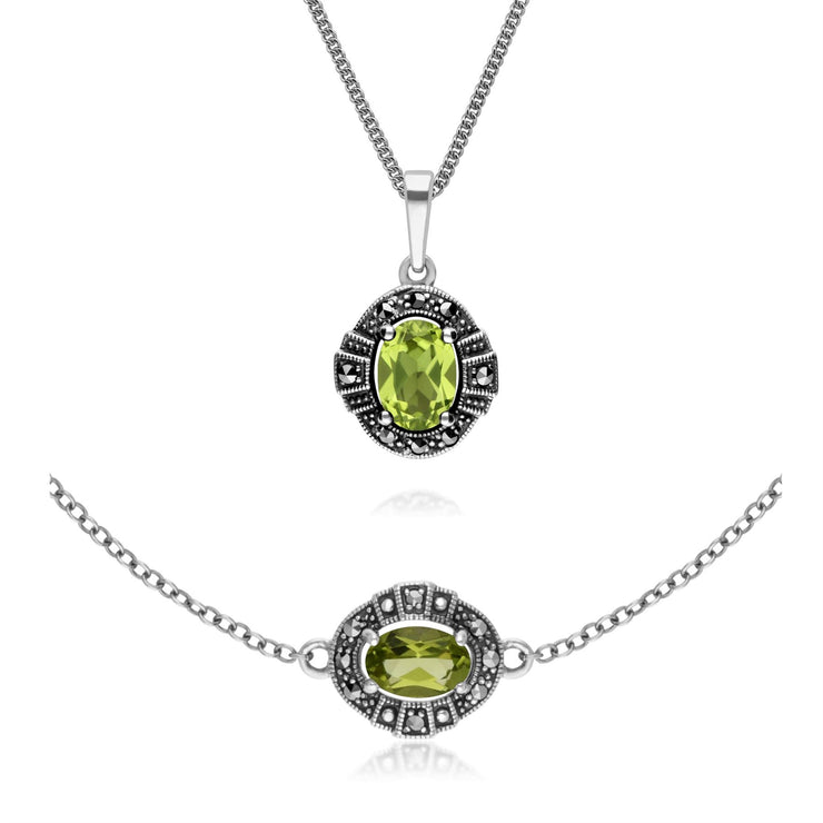 Pendentif et Bracelet Style Art Déco Argent 925 Péridot et Marcassite Cluster Oval
