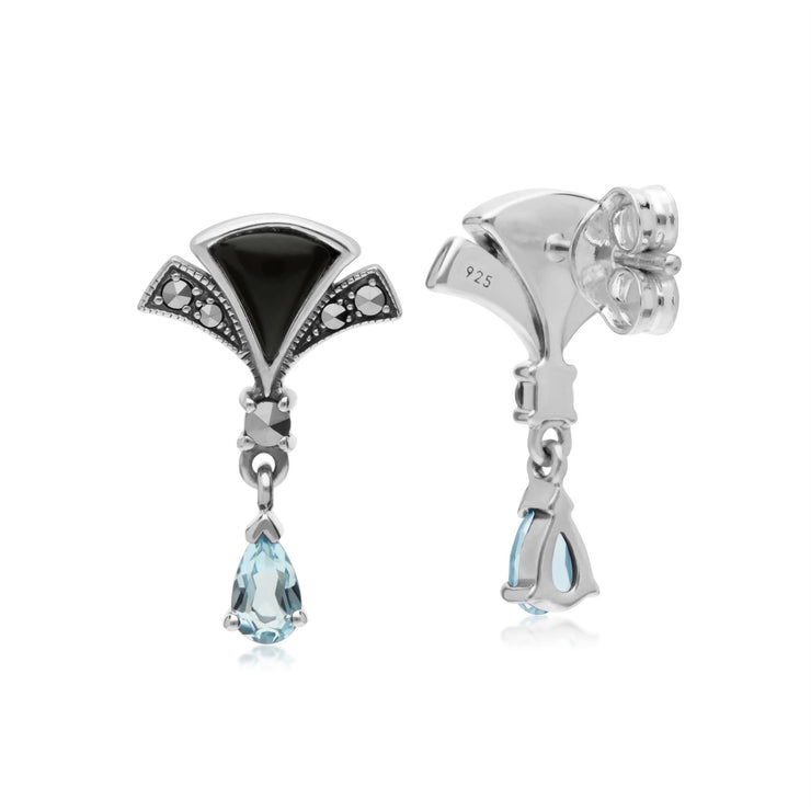 s Argent Sterling Poire Topaze Bleu, Onyx Noir et Marcassite Éventail Boucles D'Oreilles Goutte