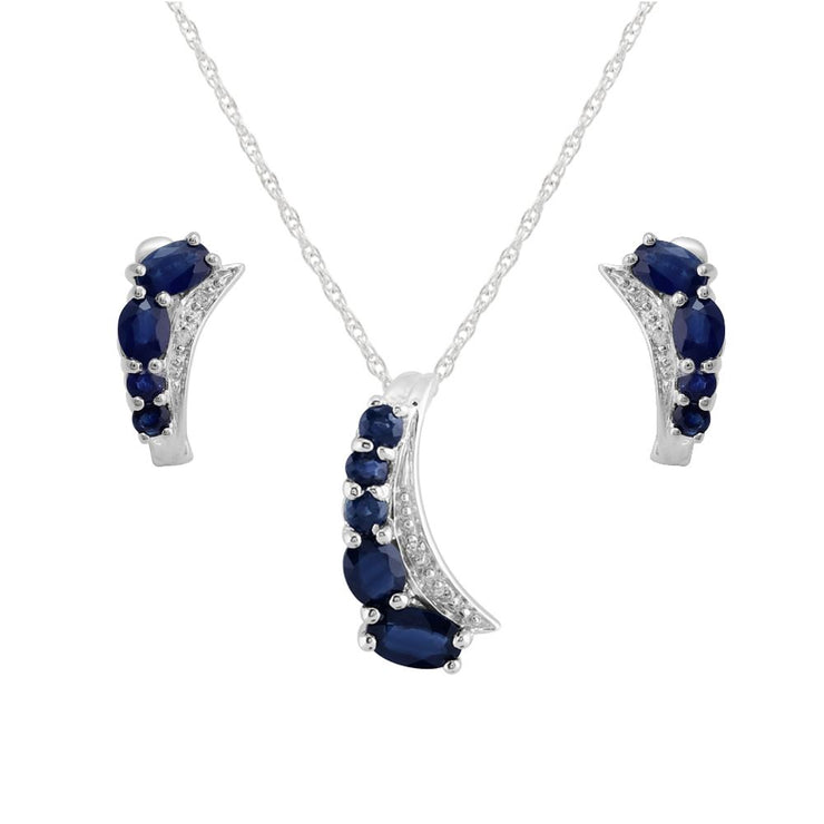 Pendentif et Boucles d'Oreilles Créoles Classique Argent 925 Saphir Oval et Diamant