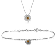 Bracelet et Pendentif Marguerite Style Floral Argent 925 Citrine Ronde