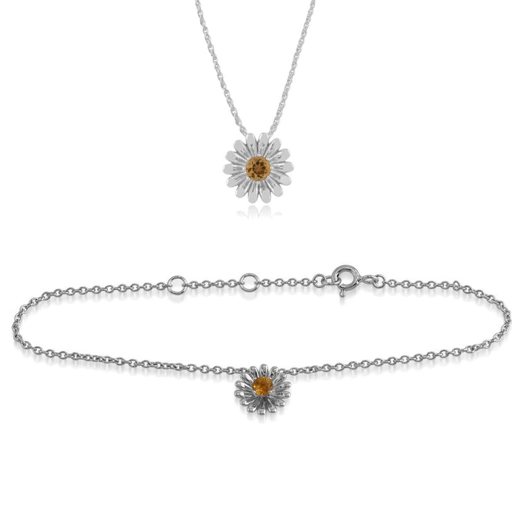 Bracelet et Pendentif Marguerite Style Floral Argent 925 Citrine Ronde