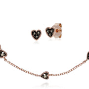 Boucles d'Oreilles Clou Cœur et Bracelet Petit Cœur Argent 925 Plaqué Or Rose Marcassite