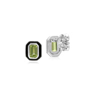 s Argent Sterling Peridot et Émail Noir Octogone Boucles D'Oreilles