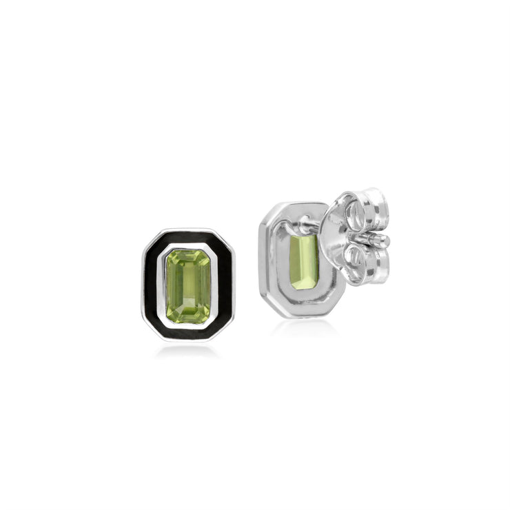 s Argent Sterling Peridot et Émail Noir Octogone Boucles D'Oreilles