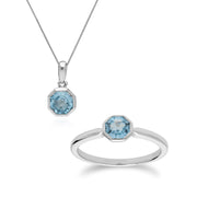Bague et Pendentif Géométrique Argent 925 Topaze Bleue Octogonal