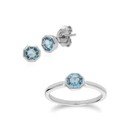 Bague et Boucles d'Oreilles Clou Géométrique Argent 925 Topaze Bleue Octogonal