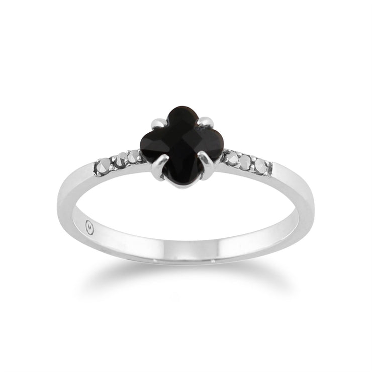 Gemondo 925 Argent Art Déco Onyx et Marcassite Bague