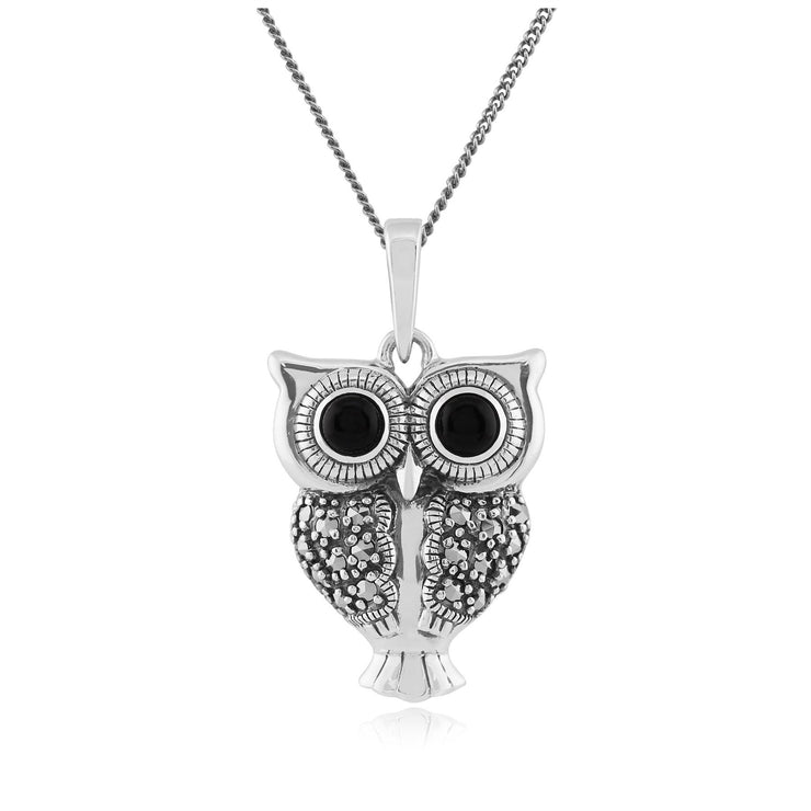 Pendentif Chouette Style Art Déco Argent 925 Onyx Noir et Marcassite