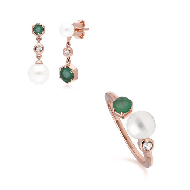 Bague et Boucles d'Oreilles Perle Moderne Argent 925 Plaqué Or Rose Emeraude, Topaze et Perle