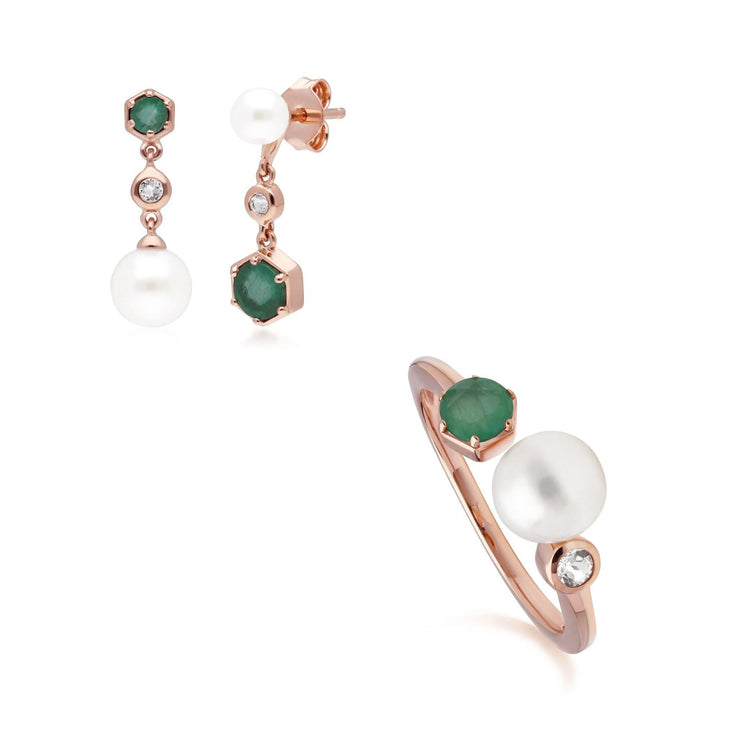 Bague et Boucles d'Oreilles Perle Moderne Argent 925 Plaqué Or Rose Emeraude, Topaze et Perle