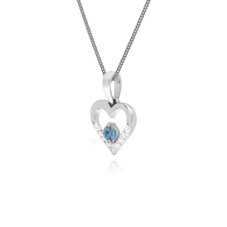s 9 CT or Blanc Unique Topaze Bleu et Diamant Coeur Pendentif sur 45cm Chaîne