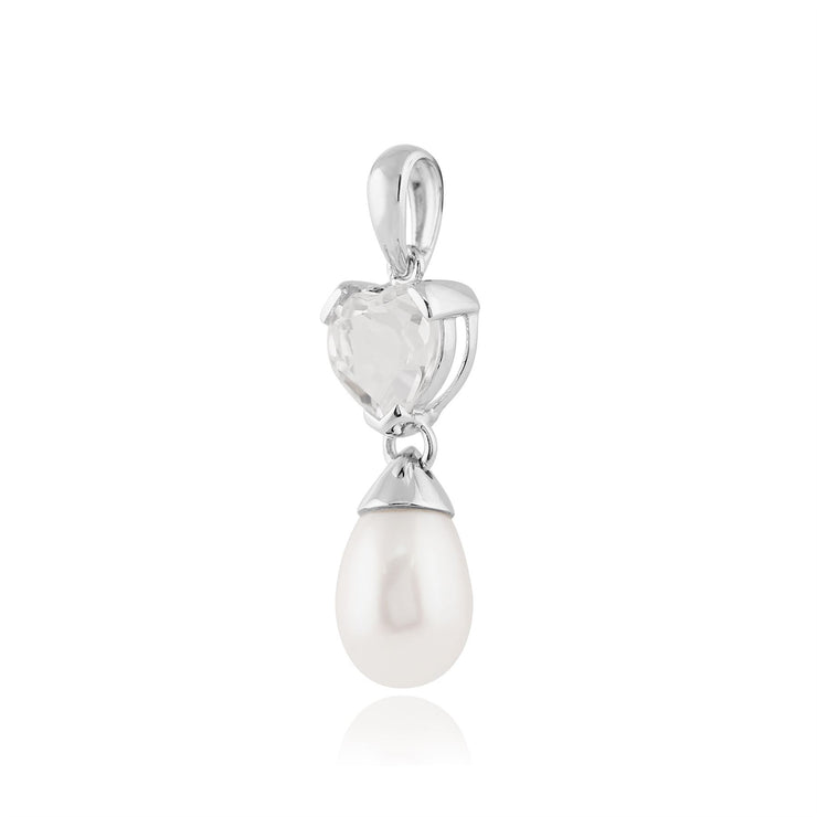 Pendentif et Boucles d'Oreilles Pendantes Cœur Classique Or Blanc 375 Perle et Topaze Blanche