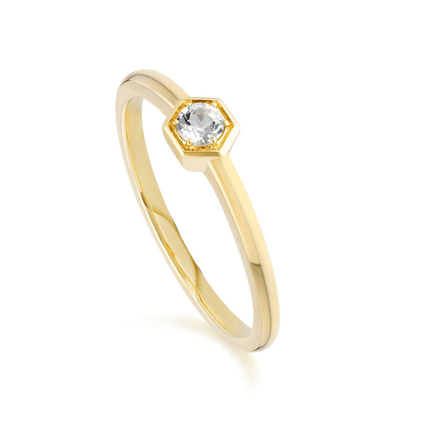 Bague Solitaire Style Honeycomb Or Jaune 375 Topaze Blanche