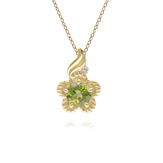 Pendentif Floral Or Jaune 375 Péridot et Diamant Ronds