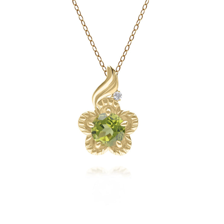 Pendentif Floral Or Jaune 375 Péridot et Diamant Ronds