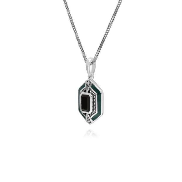 Argent Sterling Noir Onyx , Marcassite et Email Vert Hexagone 45cm Collier