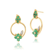Boucles d'Oreilles Pendantes Floral or Jaune 375 Emeraude et Diamant