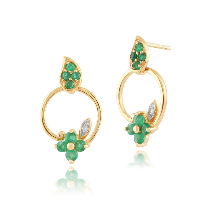 Boucles d'Oreilles Pendantes Floral or Jaune 375 Emeraude et Diamant
