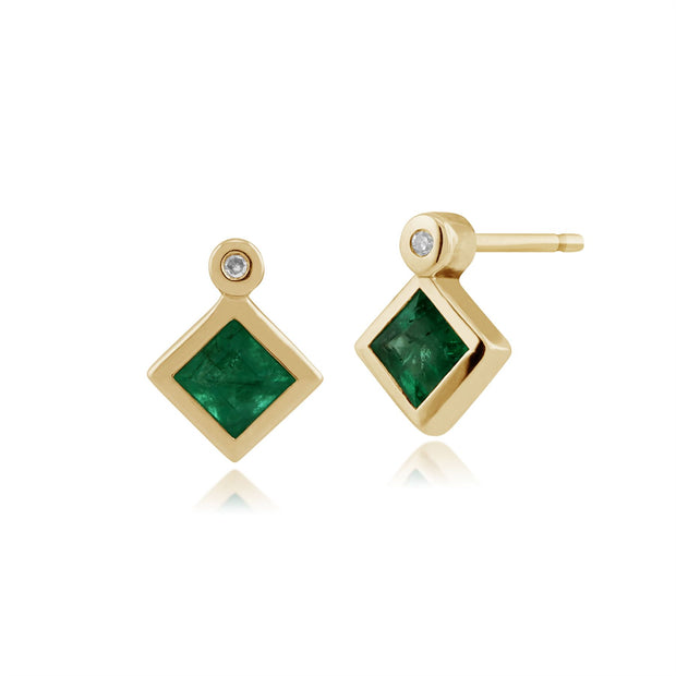 Boucles d'Oreilles Clou Classique Or Jaune 375 Emeraude Carréee et Diamant serti Clos