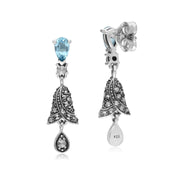 s Argent Sterling Poire Topaze Bleu et Marcassite Clochette Boucles D'Oreilles Goutte