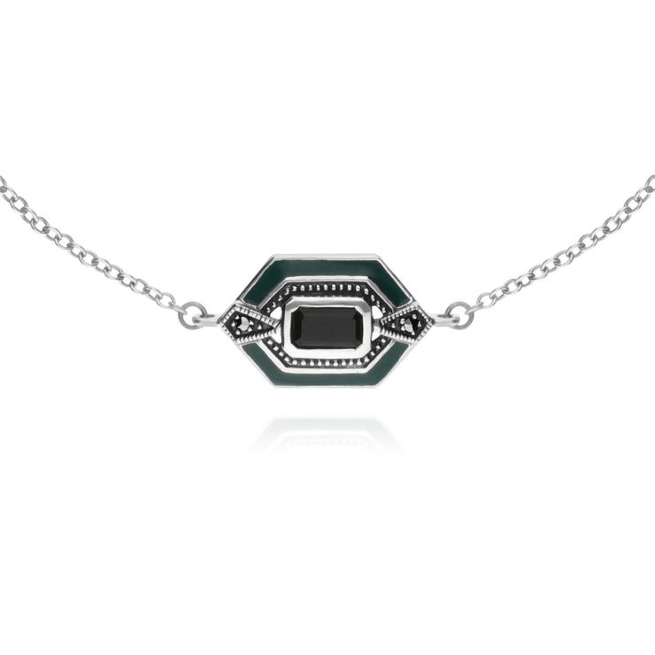 Argent Sterling Noir Onyx , Marcassite et Email Vert Hexagone 19cm Bracelet