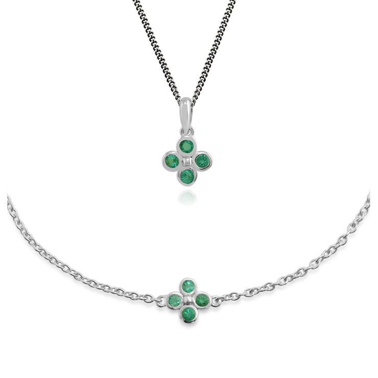 Bracelet et Pendentif Trèfle Floral Argent 925 Emeraude Ronde