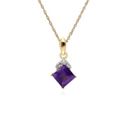 Collier Améthyste, 9 CT or Jaune Améthyste & Diamant Carré Pendentif sur 45cm Chaîne