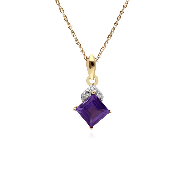 Collier Améthyste, 9 CT or Jaune Améthyste & Diamant Carré Pendentif sur 45cm Chaîne