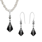 Pendentif et Boucles d'Oreilles Pendantes Eventail Style Art Déco Argent 925 marcassite Rond et Email Noir