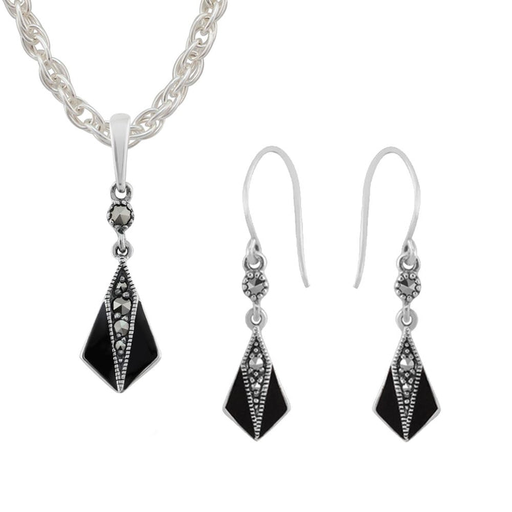 Pendentif et Boucles d'Oreilles Pendantes Eventail Style Art Déco Argent 925 marcassite Rond et Email Noir