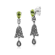 s Argent Sterling Poire Péridot et Marcassite Clochette Boucles D'Oreilles Goutte