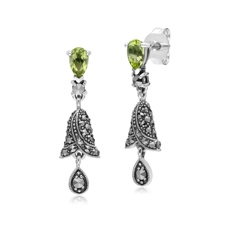 s Argent Sterling Poire Péridot et Marcassite Clochette Boucles D'Oreilles Goutte