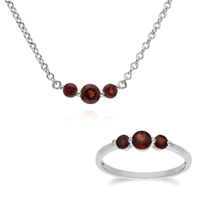 Collier et Bague Classique Argent 925 Grenat Trois Pierres