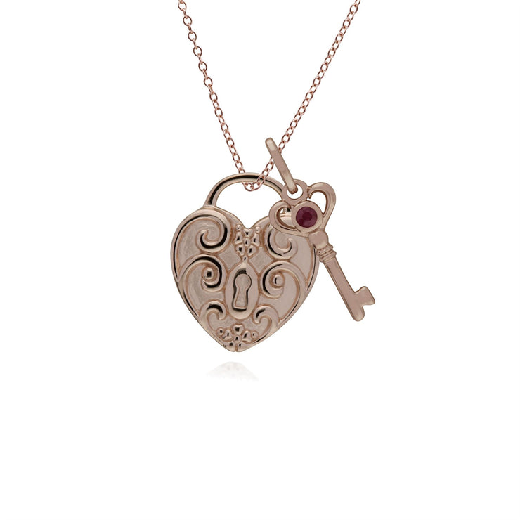 Pendentif Classique Cadenas Cœur Torsadé Argent 925 Plaqué Or Rose et Charms Clé Rubis