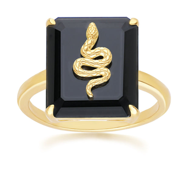 Bague Grand Deco Serpent en Onyx Noir en Argent Doré à l'Or Fin