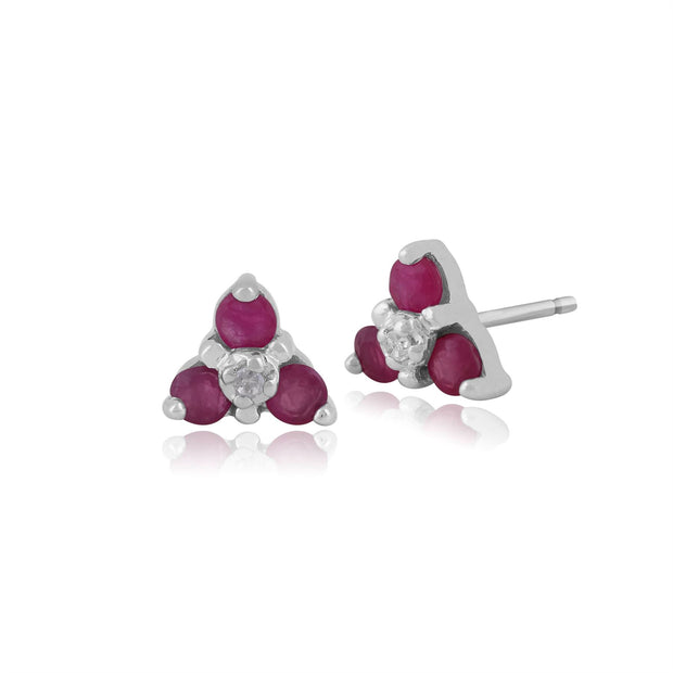 Boucles d'Oreilles Clou Classique Or Blanc 375 Rubis Rond et Diamant style Cluster